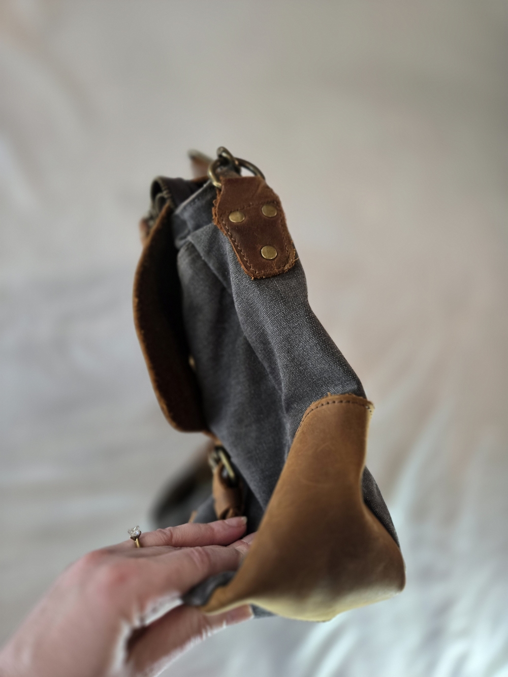 Leather-Trim Canvas Messenger Bag for Men - Brown & Gray - Picture 4 of 16